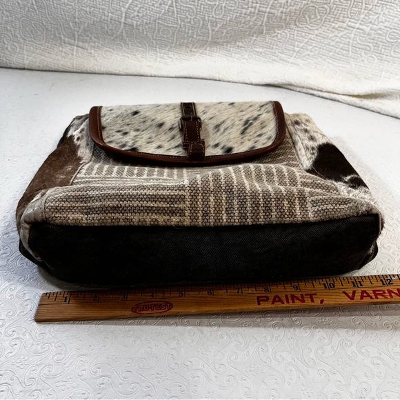 Myra Bag Handmade Crossroads Backpack Upcycled Canvas Cowhide Leather Patchwork - Picture 11 of 16